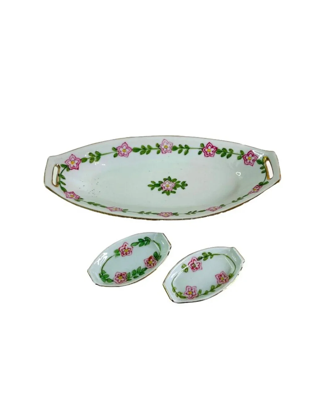 Antique Nippon Porcelain Celery Tray Pink Floral 2 Salt Cellars Circa 1911 - 21
